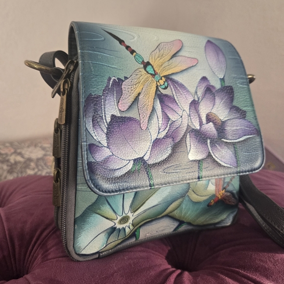Anuschka Handbags - Anuschka Floral Blue and Purple Crossbody Bag